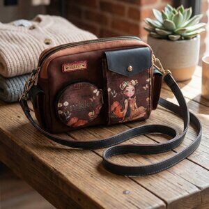 Nikky by Nicole Lee Brown Crossbody Bag with Whimsical Girl & Deer Illustration